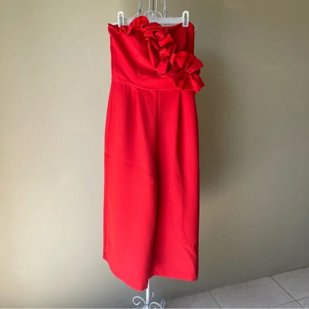 Topshop Women's Strapless Ruffle Full Zip Jumpsuit In Red Size 8 US